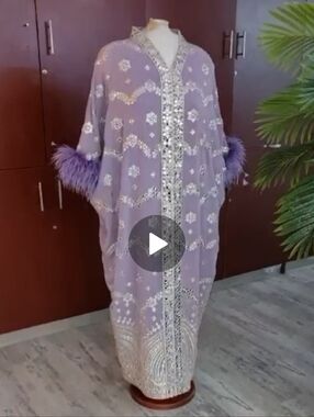 Embellished Lavender Abaya Dress with Feather Cuffs